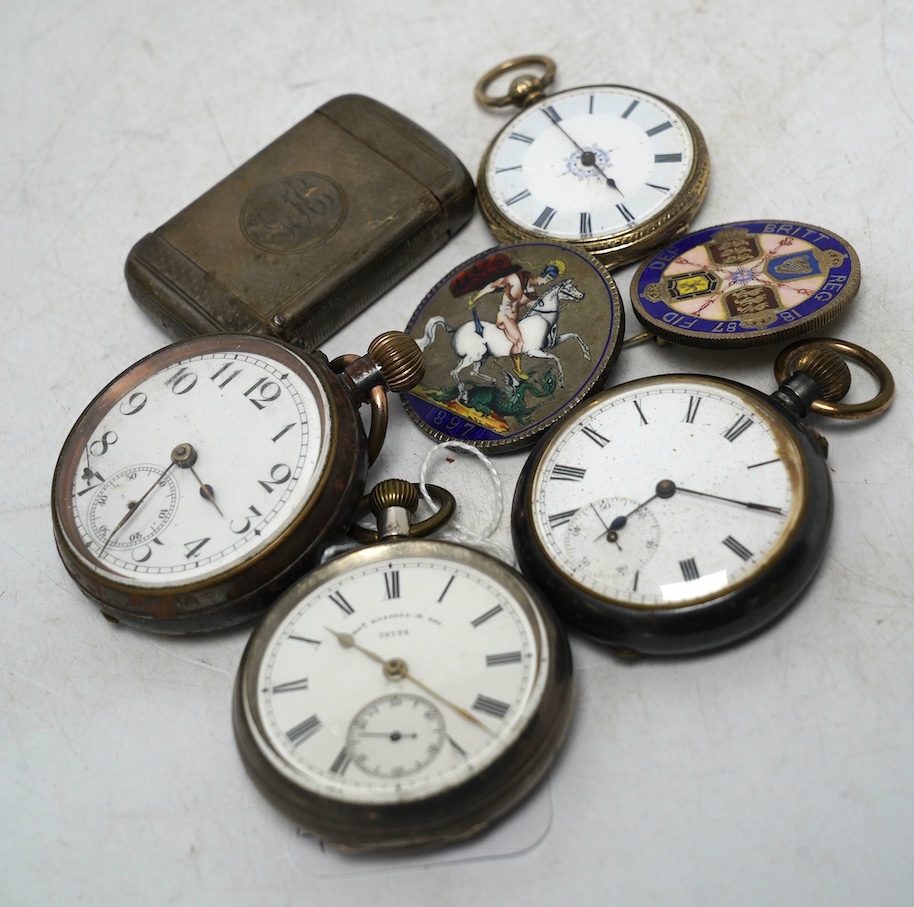 A late Victorian silver double ended vesta case, a silver pocket watch, three other pocket watches including gun metal and two enamelled coin brooches. Condition - poor to fair